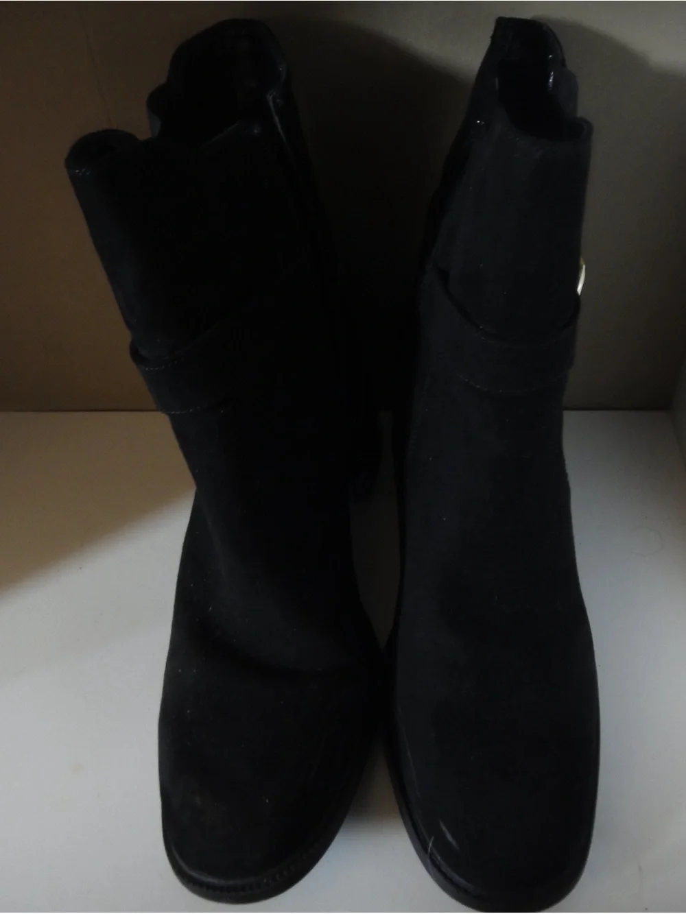Rock & Candy Black Suede Ankle Booties with Gold Buckle